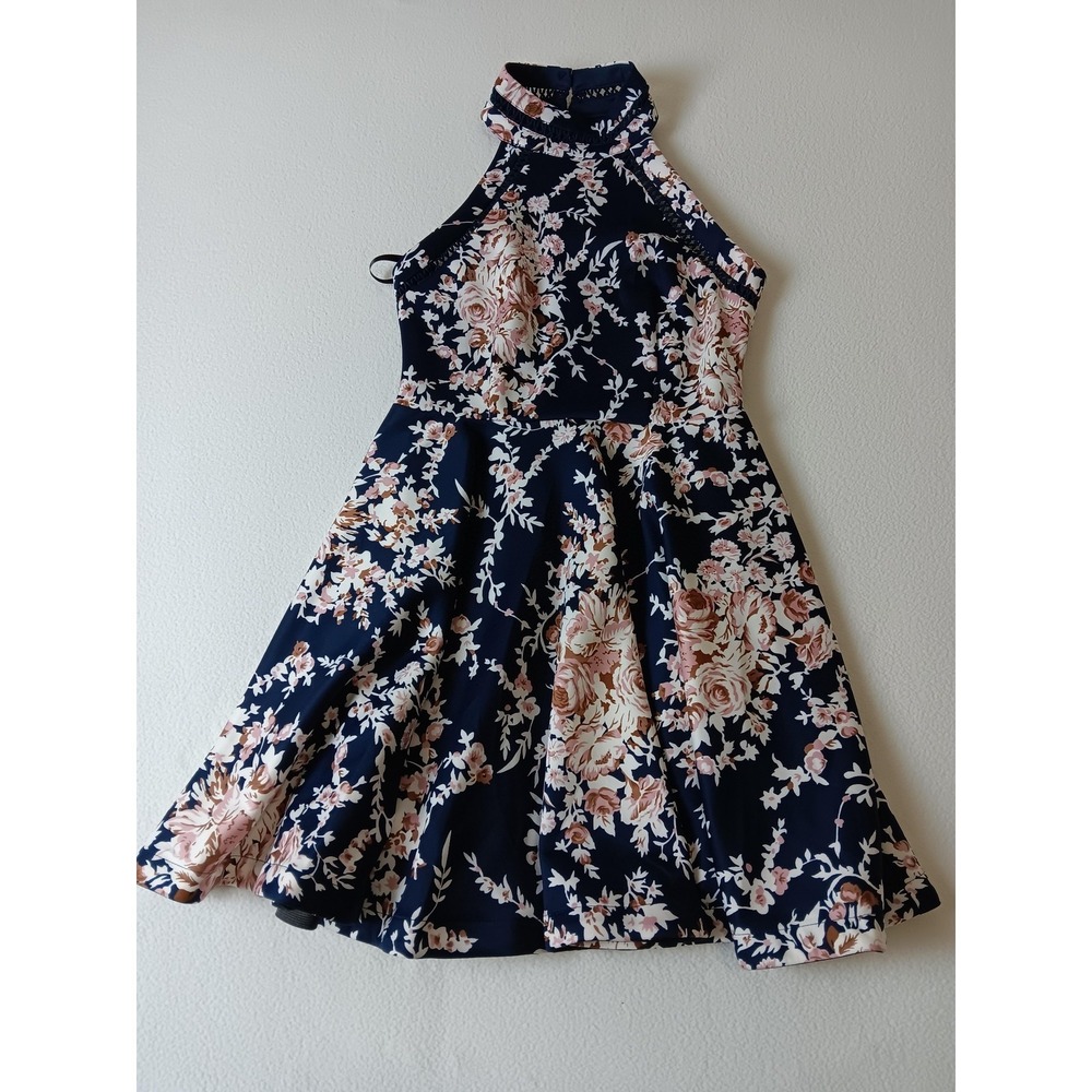 B. Darlin Dress Juniors 9/10 Blue Floral Halter Fit & Flare Party Skater‎ Lined